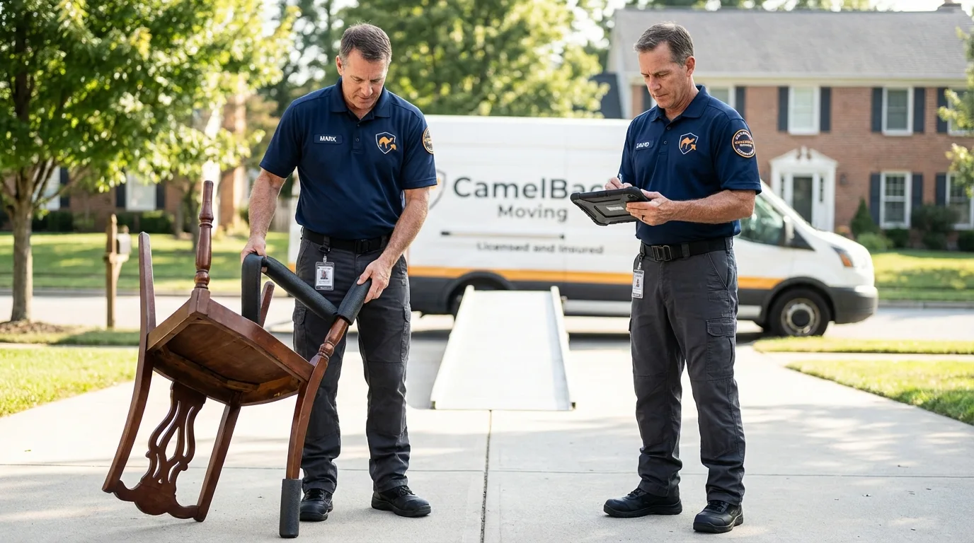 Movers inspecting furniture for damage prevention before loading in La Salle, CO