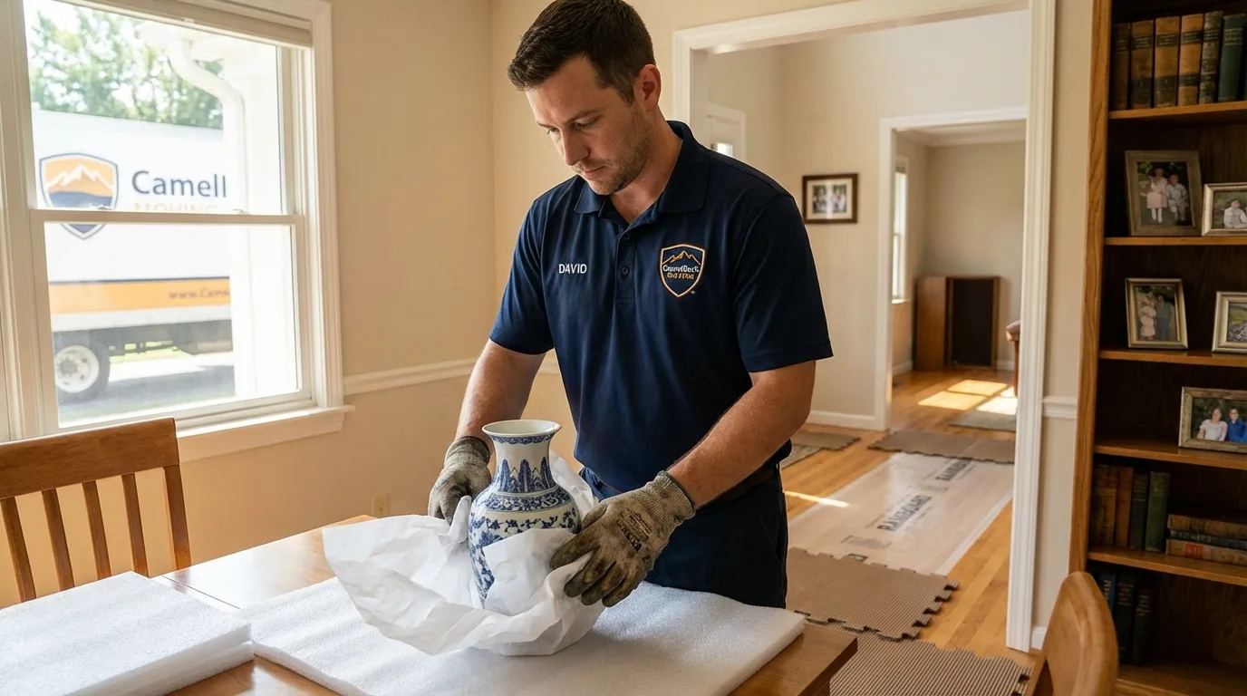 Professional crew carefully wrapping antique vase for senior downsizing move in La Salle, CO