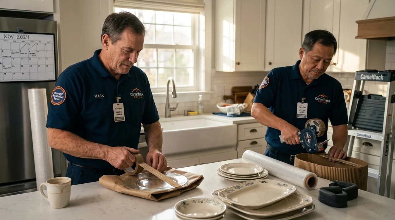 Professional crew packing kitchen dishware in La Salle, CO